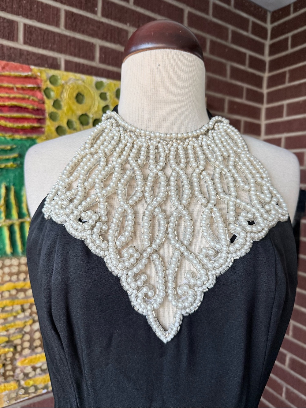 Vintage Faviana Black Maxi Dress with Ivory Beaded Halter Yoke